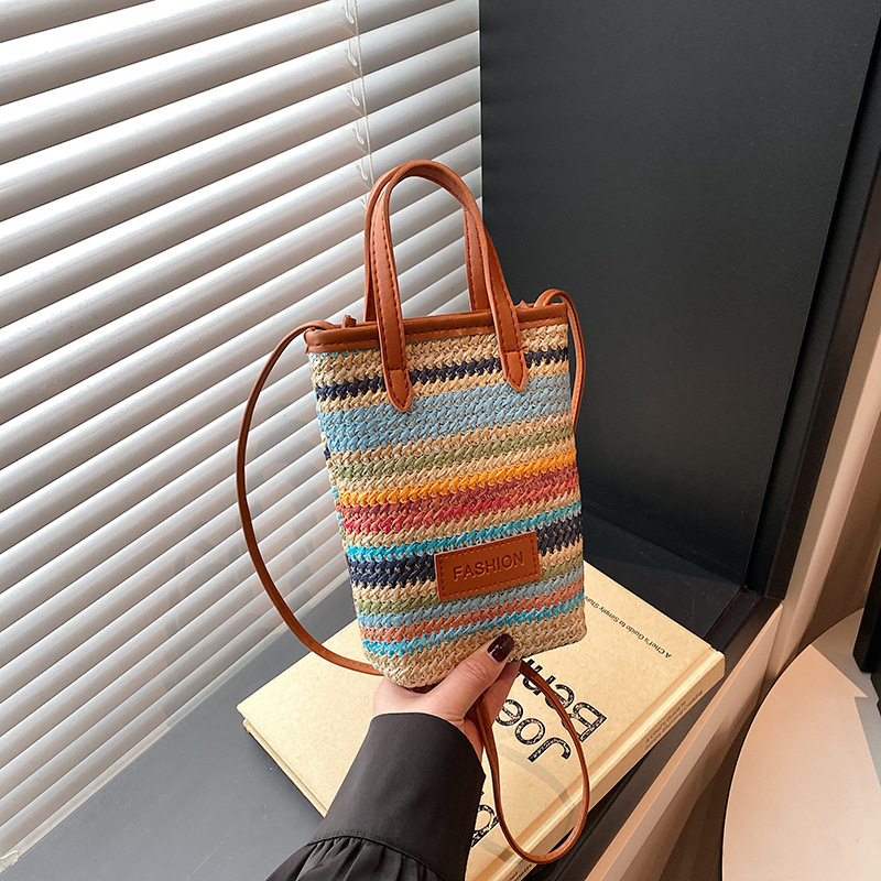 Free Delivery Designer Bag Korean Version Color Striped New 2025 Girls' Spring And Summer Trend Fashion Woven Single Shoulder Crossbody Mobile Ph