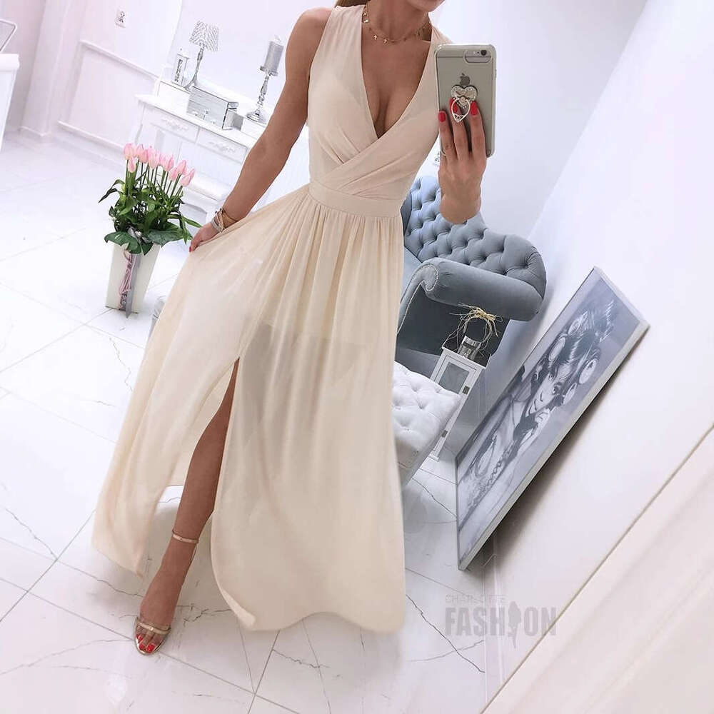 Maxi Dress Summer New Sleeveless Solid V Neck Dress Women S Wear KQ