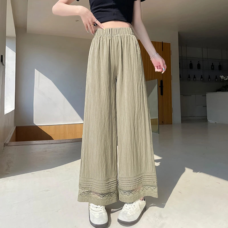 Spring and summer lace patch work womens wide leg ankle pants 2025 high waisted elegant straight loose 250506