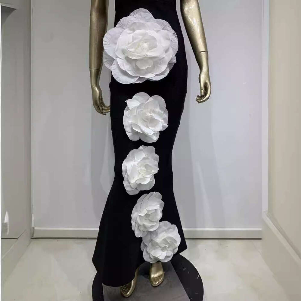 Maxi Dress New Bandage Strapless Black And White Patchwork Big Flower Long Party Skirt KQ