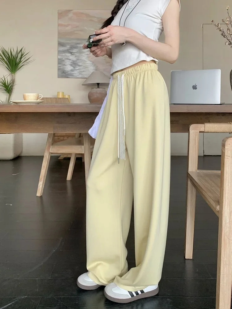 Womens casual lace brushed loose fitting pants for spring and summer 2025 solid elastic waist straight women 250506