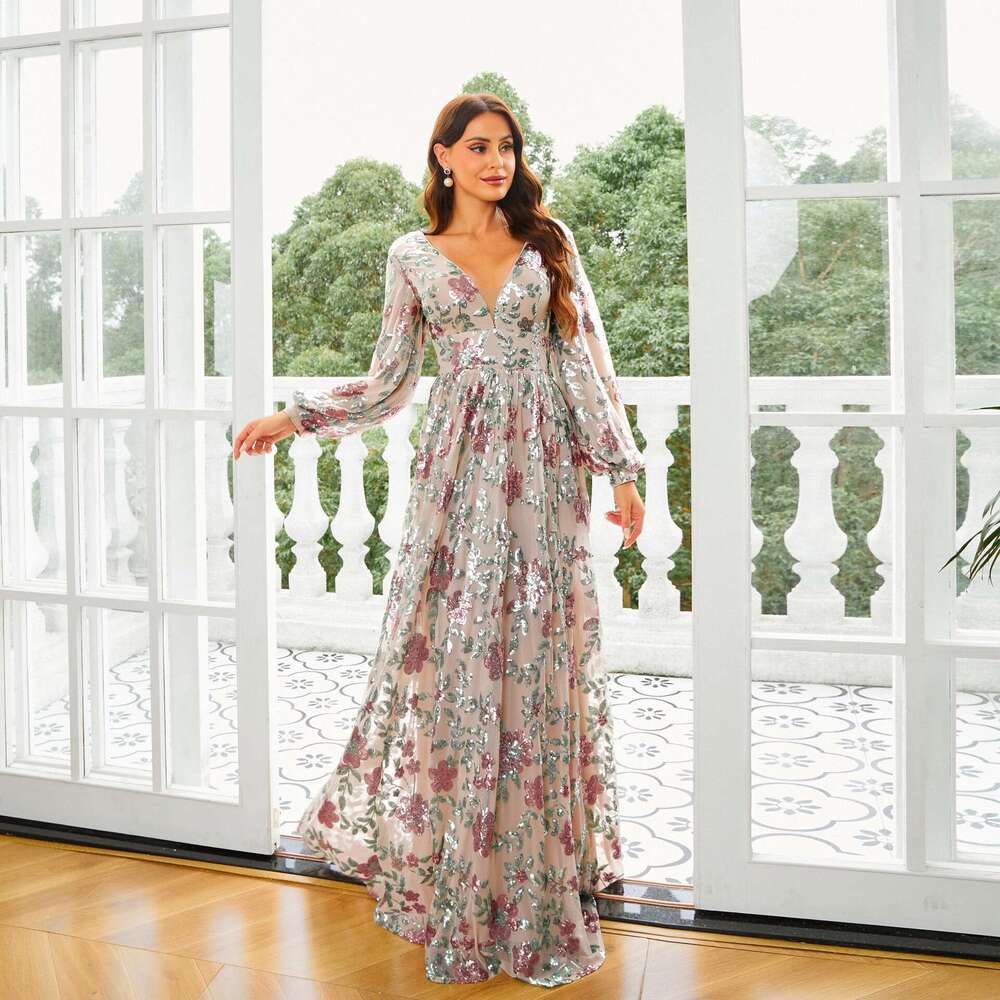 Maxi Dress High End Temperament Sleeved V Neck Long Sequin Banquet Grand Display Evening Bridesmaid Women S Dress KQ