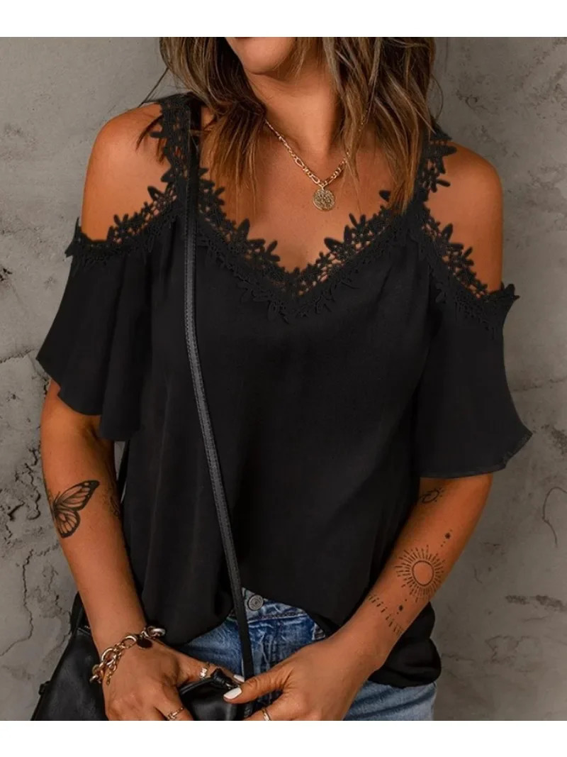 Womens Summer Solid Color Lace Short Sleeve Casual T-shirt Fashion V-neck Short Sleeve Off The Shoulder Sling T-shirt 250517