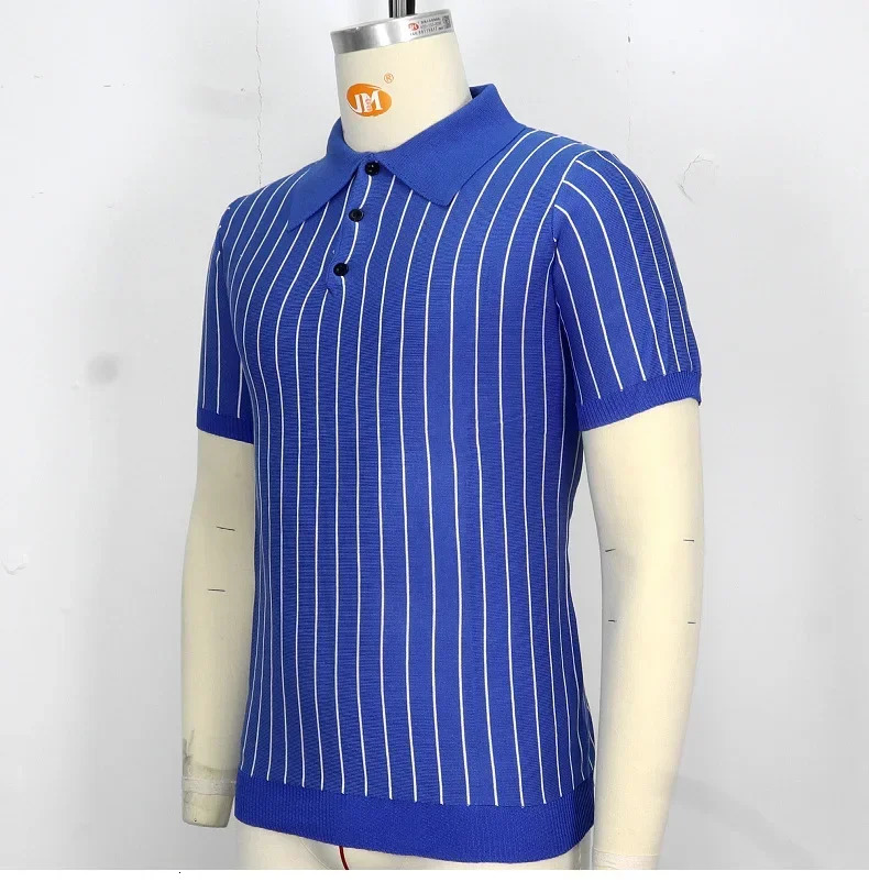 Mens Top Summer Striped Knit Sweater Slim Fit Short Sleeved Lapel Business Polo Shirt for Men 250517