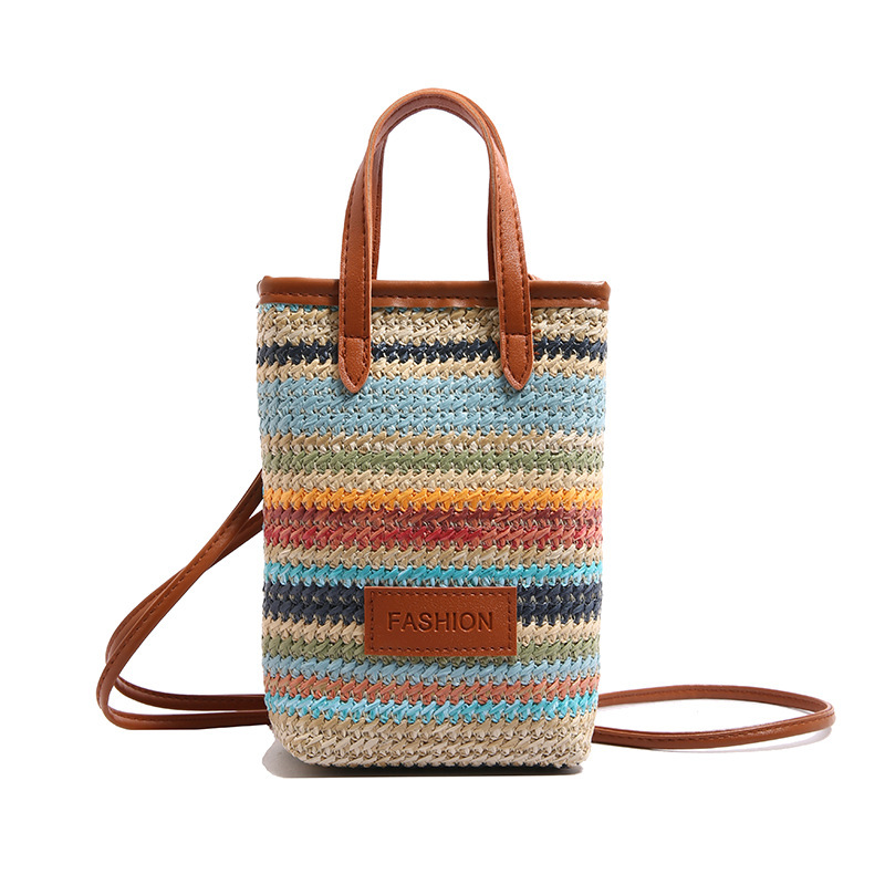 Free Delivery Designer Bag Korean Version Color Striped New 2025 Girls' Spring And Summer Trend Fashion Woven Single Shoulder Crossbody Mobile Ph