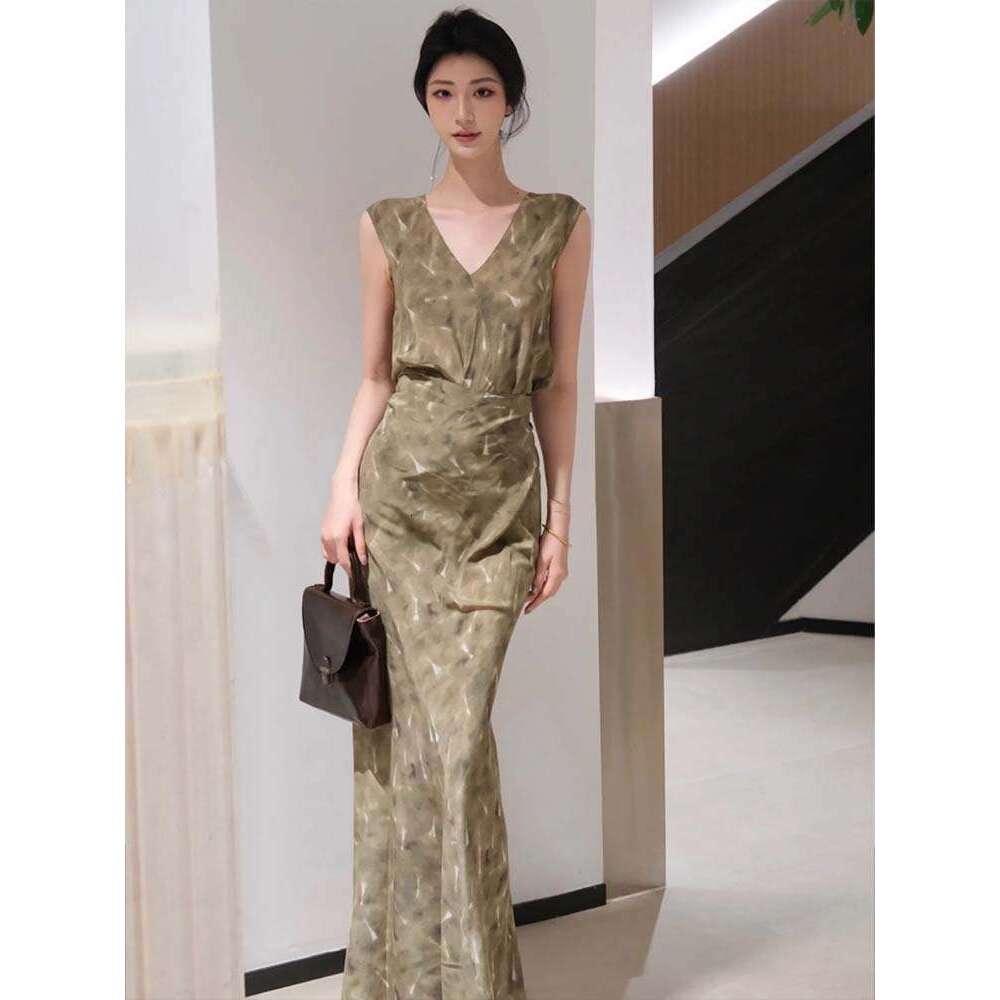 Maxi Dress Siyuan Light V Neck Wrapped Waist Silk Printed For Women S Summer Luxury Sleeveless Tea Break Long Dress Formai Dress