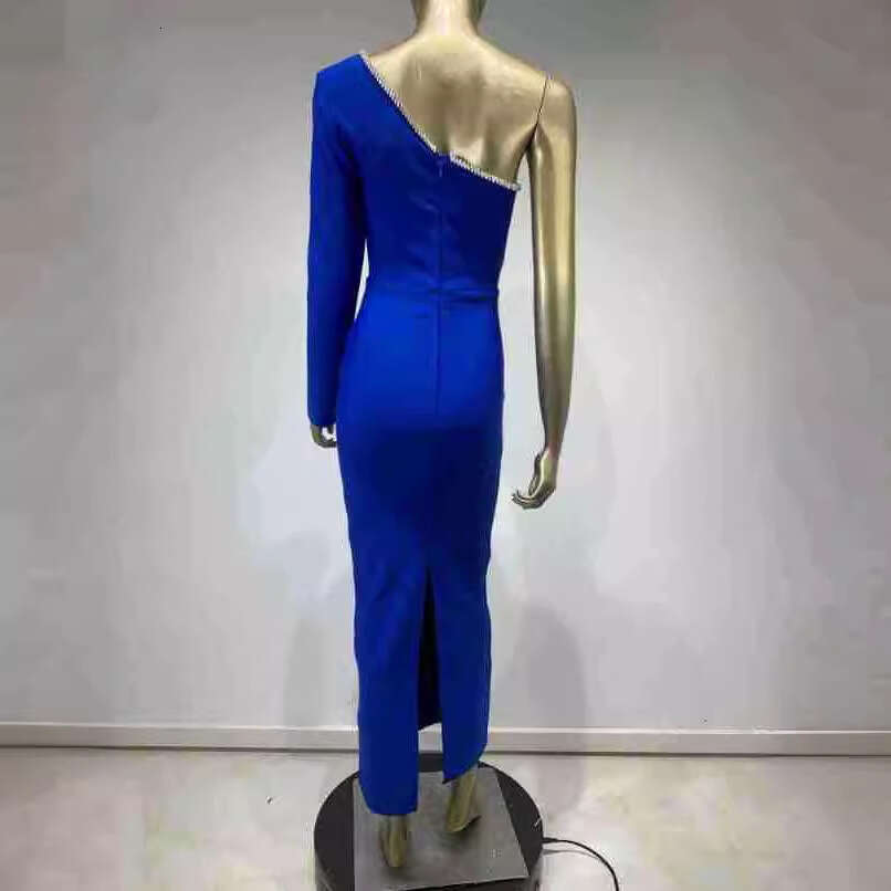 Maxi Dress New Bandage Blue Single Shoulder Long Sleeve Diamond Banquet Party Dress KQ