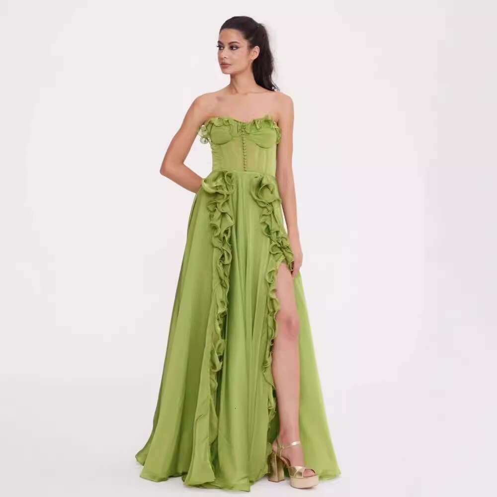 Maxi Dress French Banquet Style Long Summer New Pleated Ruffle Edge Waist Slimming A Line Dress For Women Formai Dress