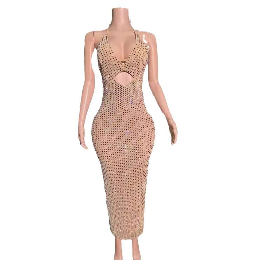 Maxi Dress Heavy Industry Flash Diamond Suspender Hollow Dress Light Luxury Niche Banquet Sexy Birthday Dress KQ