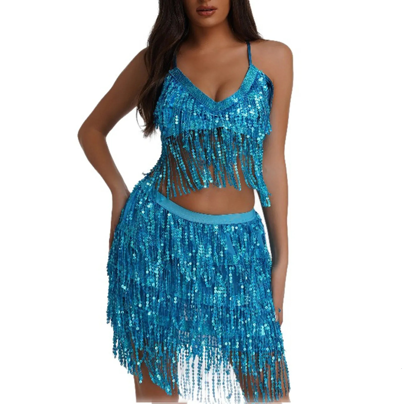 Sexy Sequins Draped Details Two Pieces Sets Y2k Fashion Shiny Women Halter Crop Top Tassel Mini Skirt Female Skirts Set 250516