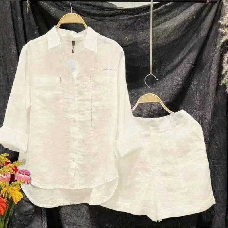 Summer Cotton Linen Casual Home 2 Piece Set For Women Fashion White Long Sleeve Shirt And Shorts Two Piece Sets Tracksuit 250517