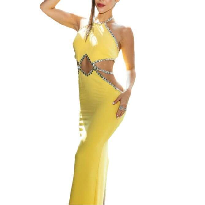 Maxi Dress Sexy Hollowed Out Rhinestone Edging Hanging Neck Lemon Yellow Dress Fashionable And Hot Holiday Party Dresses KQ