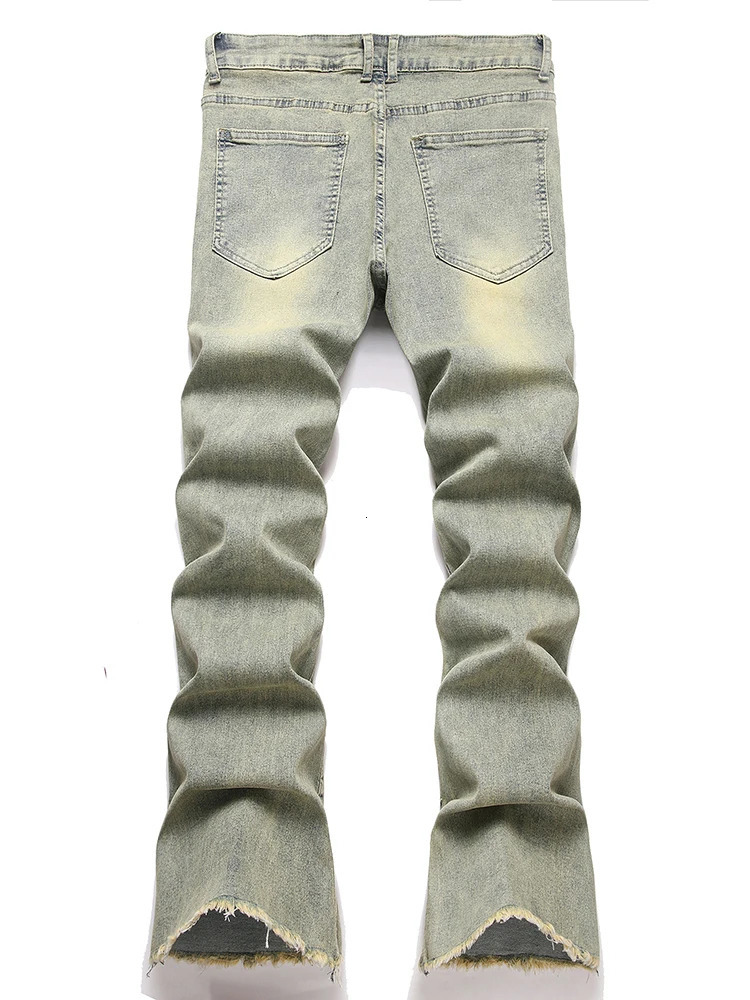 Mens American Hip-Hop High Street Ripped Raw Edge Contrast Stitching Loose Straight Flared Jeans Trendy Streetwear 250517