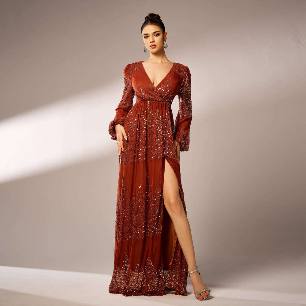 Maxi Dress High End Sleeved Temperament V Neck Sexy Long Sequin Banquet Evening Bridesmaid Women S Dress KQ