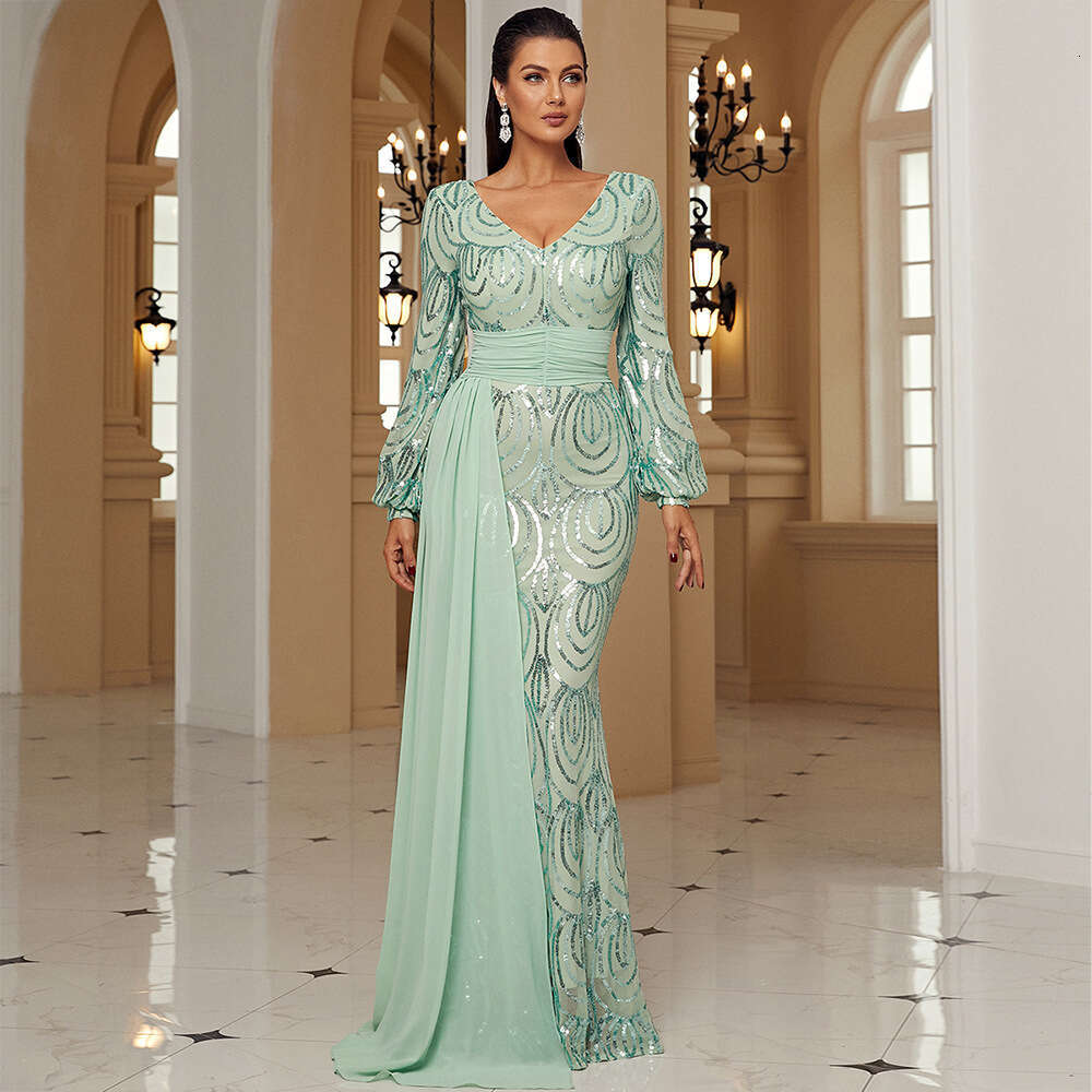 Maxi Dress Temperament Sleeved Sexy Long Sequin V Neck Party Ribbon Evening Bridesmaid Women S Dress KQ