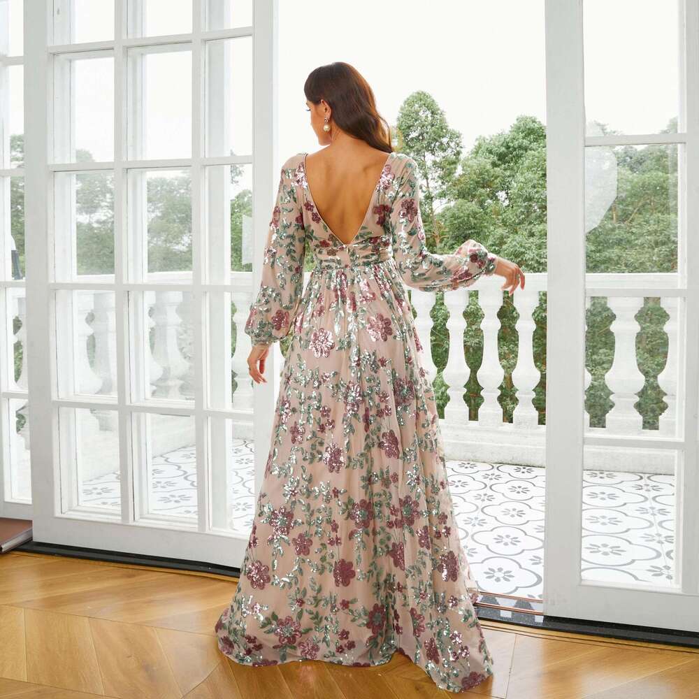 Maxi Dress High End Temperament Sleeved V Neck Long Sequin Banquet Grand Display Evening Bridesmaid Women S Dress KQ