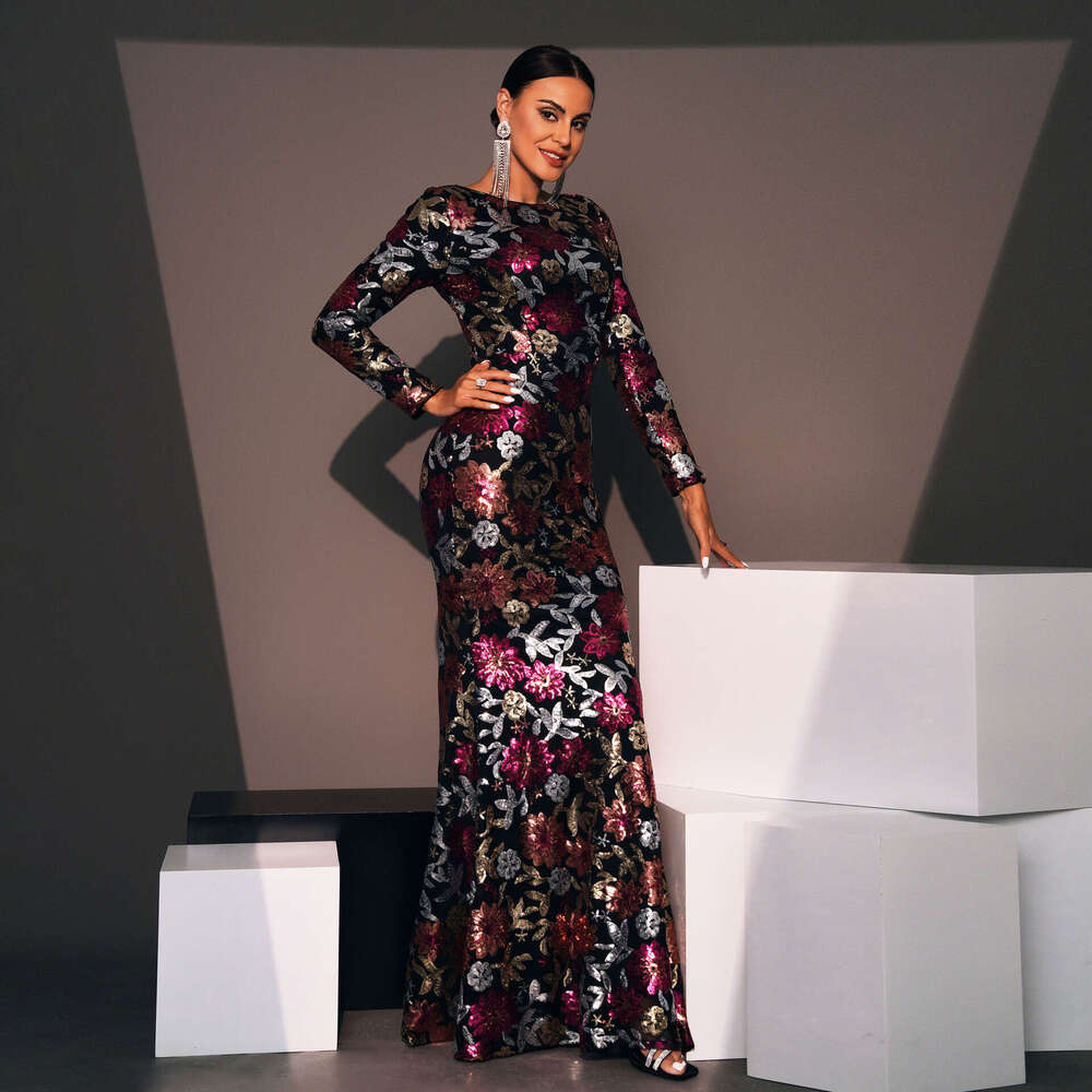 Maxi Dress Evening Gown Sleeved Temperament Round Neck Sexy Slim Fit Long Sequin Banquet Bridesmaid Dress For Women Long Dress