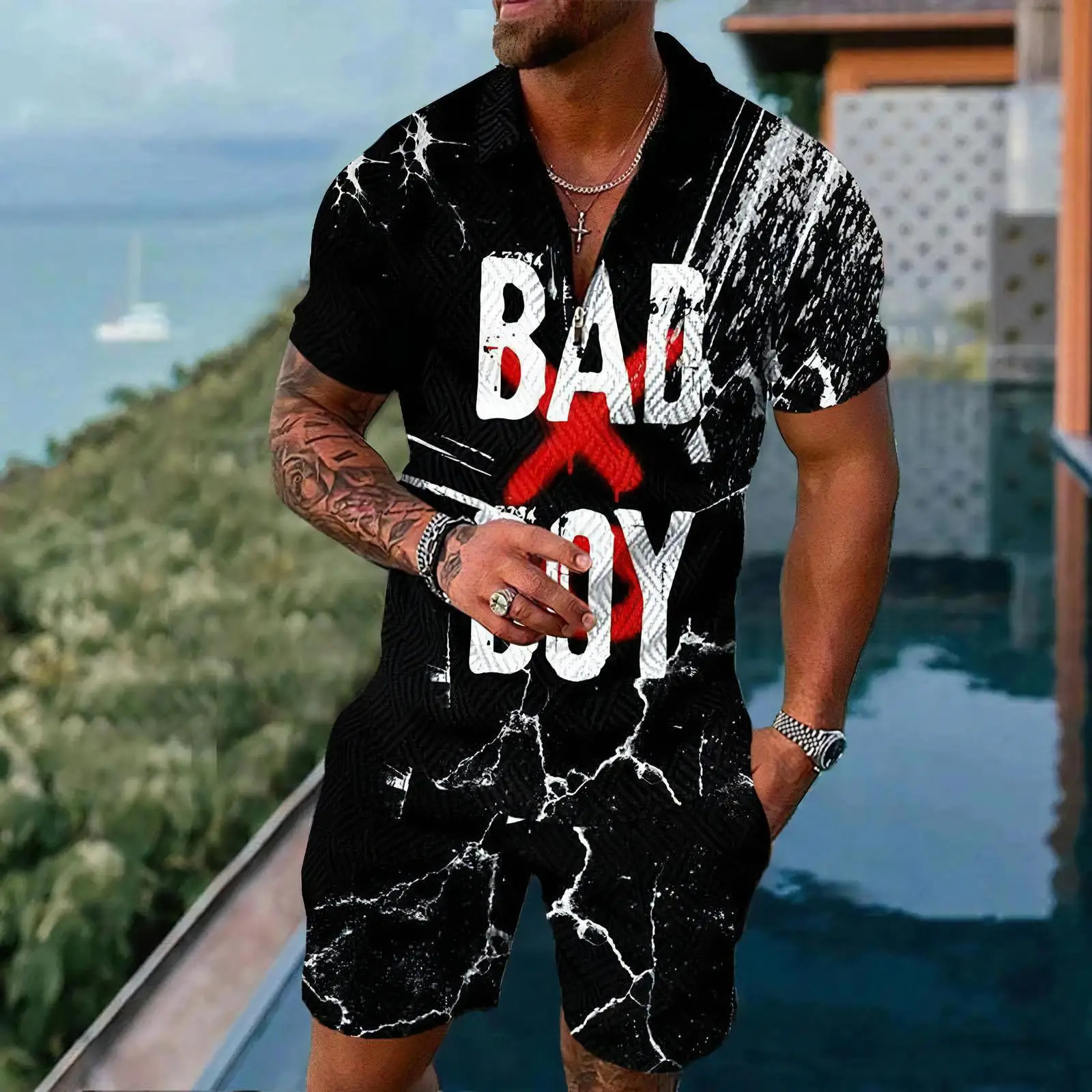 Gold Pattern Mens Polo Shirts Set Summer Short Sleeve Zipper Polo Shirt Shorts 2PCS Suits Men Casual Sportswear 250517