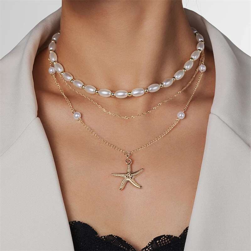 Boho Ocean Series Necklace for Women Gold Color Starfish Shell Pearl Fish Tail Conch Pendant Metal Chain Choker Beach Jewelry
