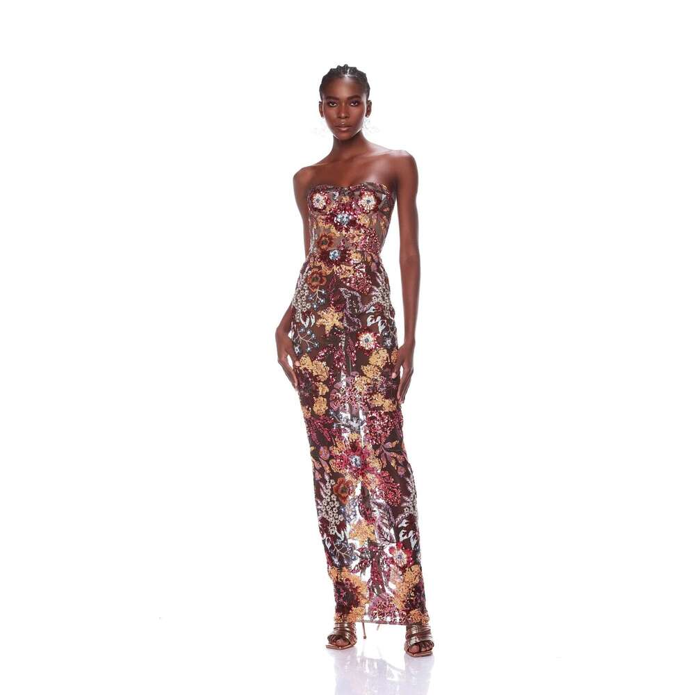 Maxi Dress Fashionable Women S Sequined Slim Fit Long Skirt With Hollow Print And Sexy Strapless One Shoulder Dress KQ