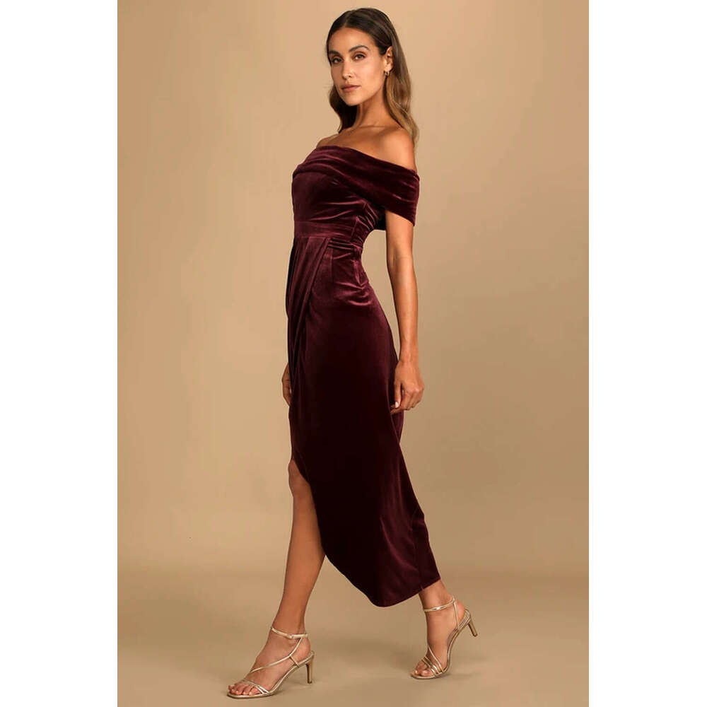 Maxi Dress Velvet New Ins Style Elegant One Shoulder Split Dress Formai Dress