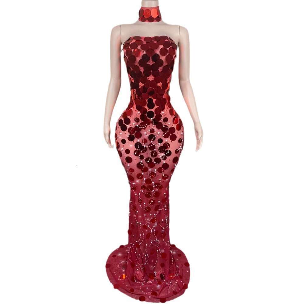 Maxi Dress Evening With Large Sequins And Studded Beads Totaling Socialite Party Choker Dress KQ