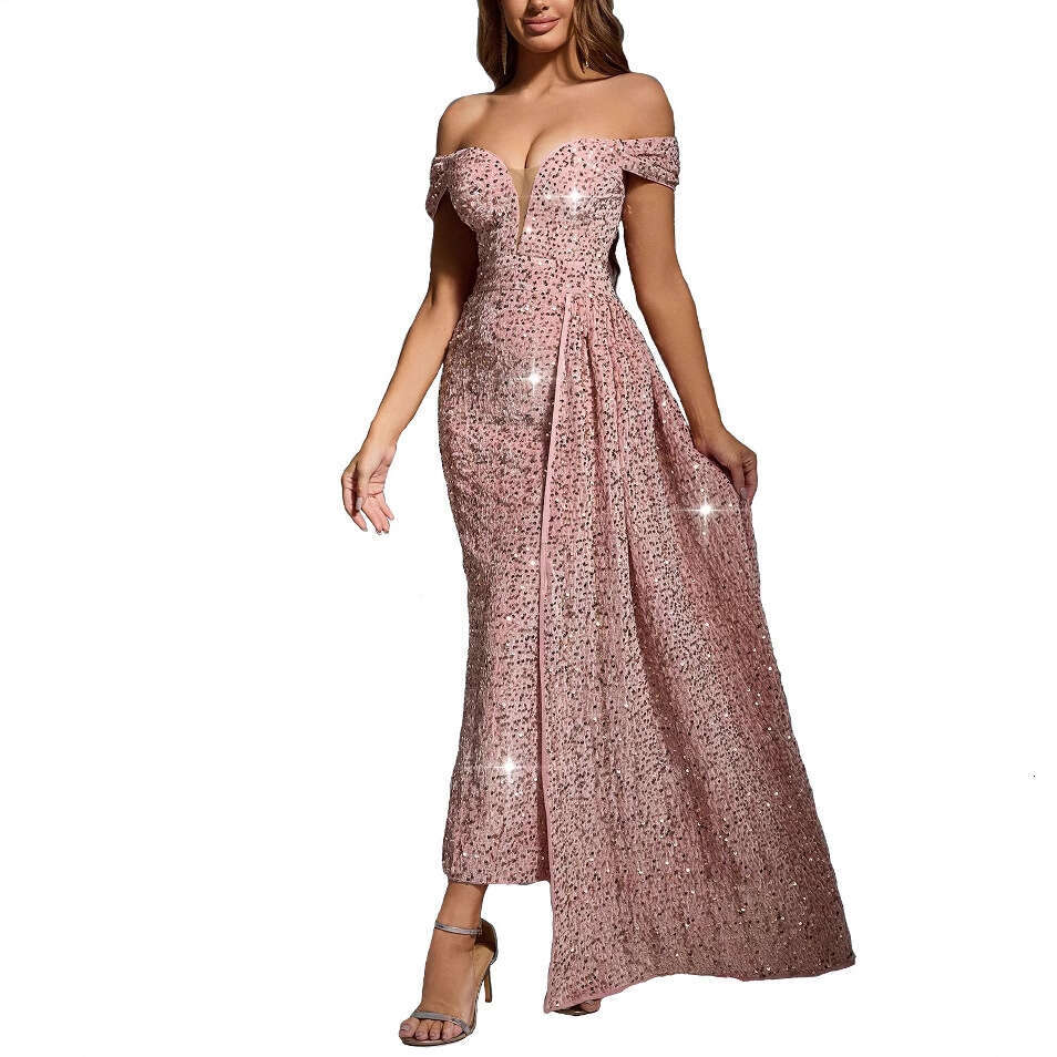 Maxi Dress OS New Women S Style Sexy Sequin One Shoulder Solid Color Sleeveless Dress Formai Dress