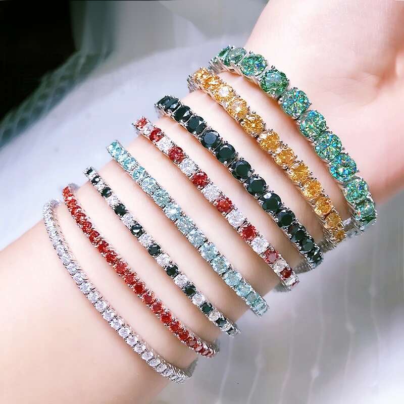 Unisex 3 4 5 / 6.5MM Certified Tennis Chain For Women Man Sterling Sier Green Blue Pink Moissanite Bracelet