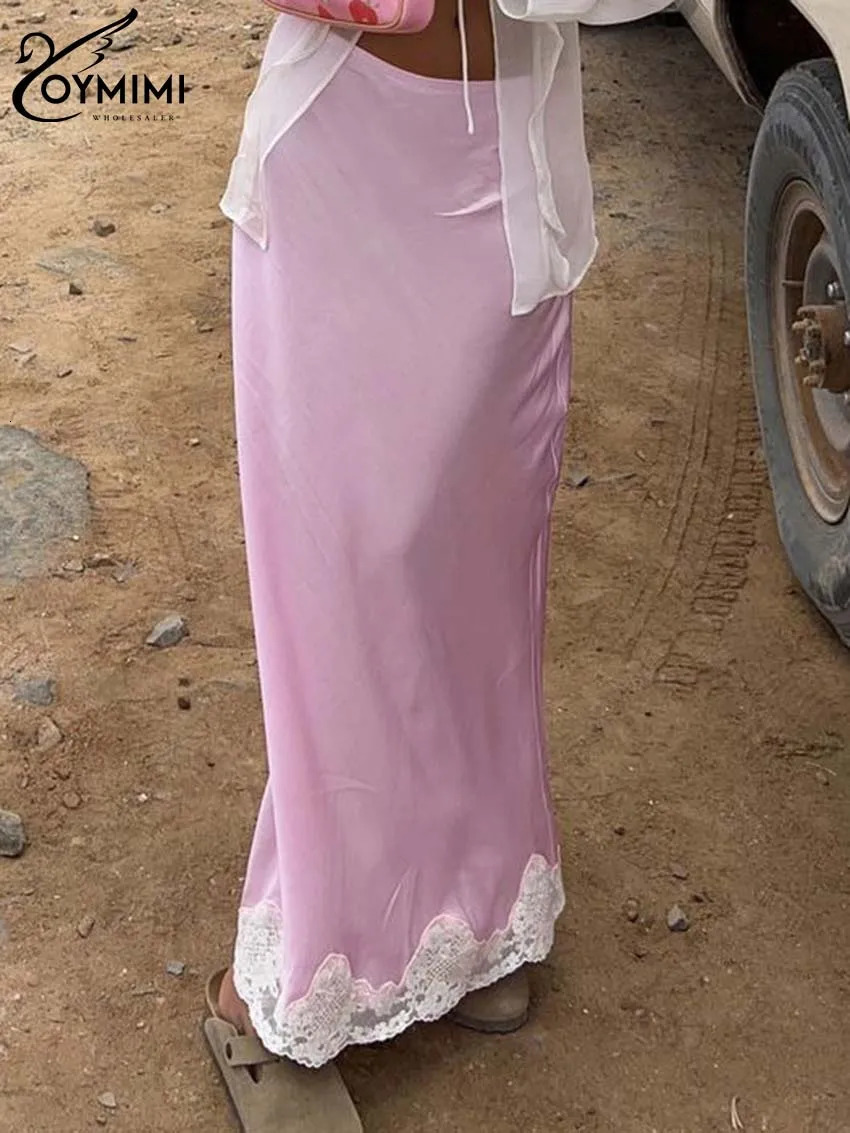 Oymimi Elegant Pink Lace Skirts For Women Casual Low Waisted Patchwork Skirts Streetwear Fashion Straight Ankle-Length Skirt 250517