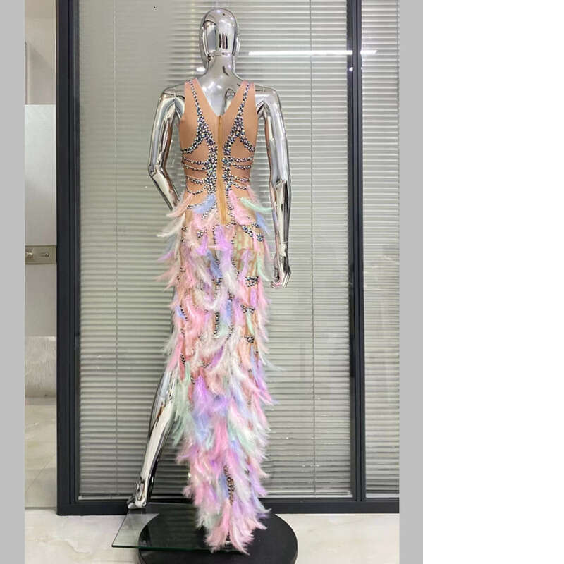 Sexy sleeveless round neck dress with rhinestone feather patchwork skirt, female singer performance outfit