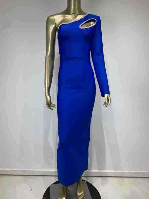 Maxi Dress New Bandage Blue Single Shoulder Long Sleeve Diamond Banquet Party Dress KQ