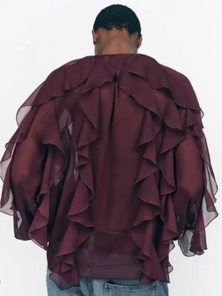 2025 Summer Chic Womens Elegant Loose Long Sleeve Layered Shirts Office Lady Vintage V-neck Translucent Tierred Ruffles Blouses 250517