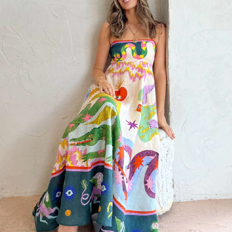 Maxi Dress Spring Women S New Style Elegant High Waist Printed Strap Casual Fashion Dress KQ