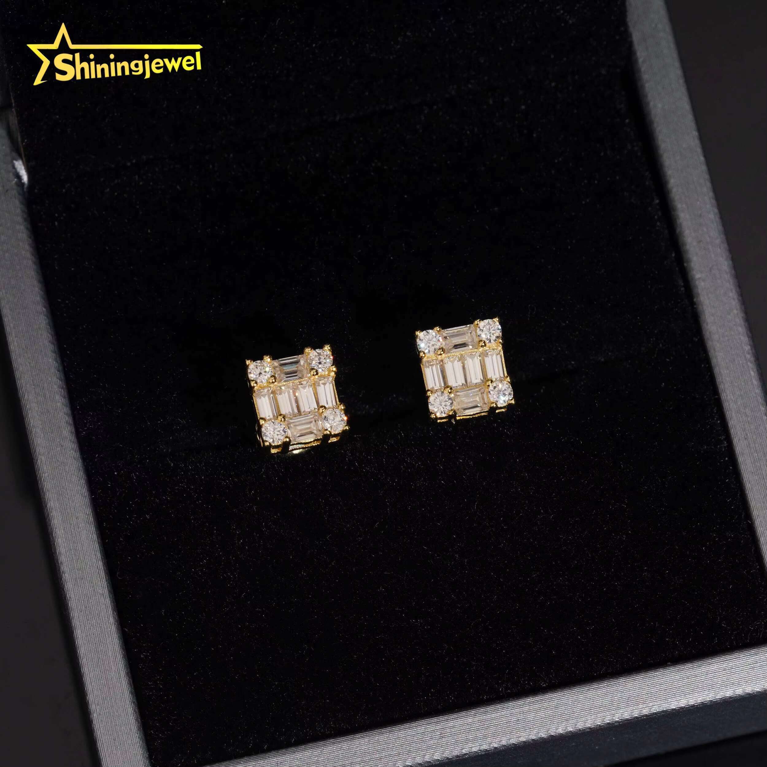 Luxury Jewelry 925 Silver Emerald Cut Moissanite Diamond Bling Special Design Iced Out Square Stud Earrings for Men