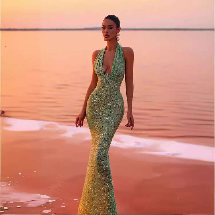 Maxi Dress Sleeveless Neck Hanging Deep V Neck Dress Sexy Backless Sequin High End Fishtail Long Skirt KQ