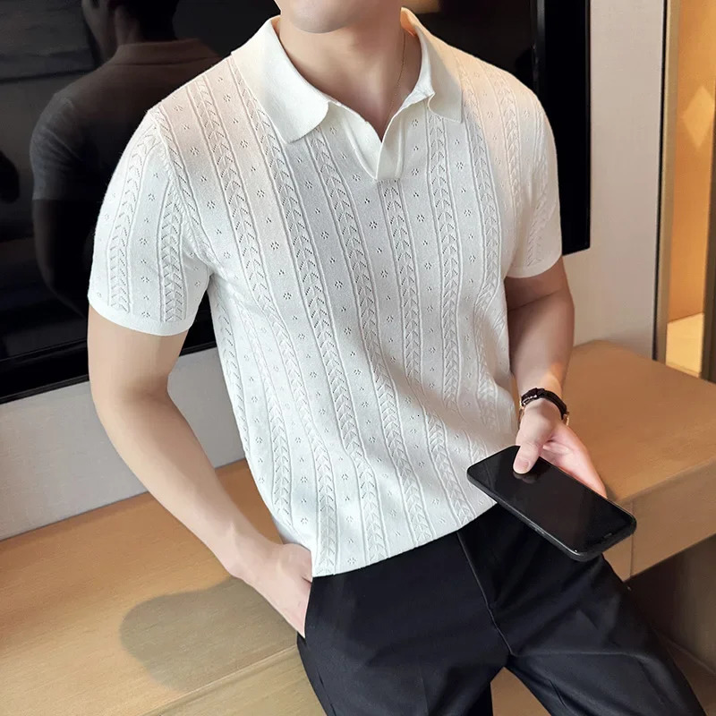 Mens Polo Shirt Striped Jacquard Knit Short Sleeve T-shirt V-neck Solid Color Elastic Top . M-3XLSummer Purple Thin 250517