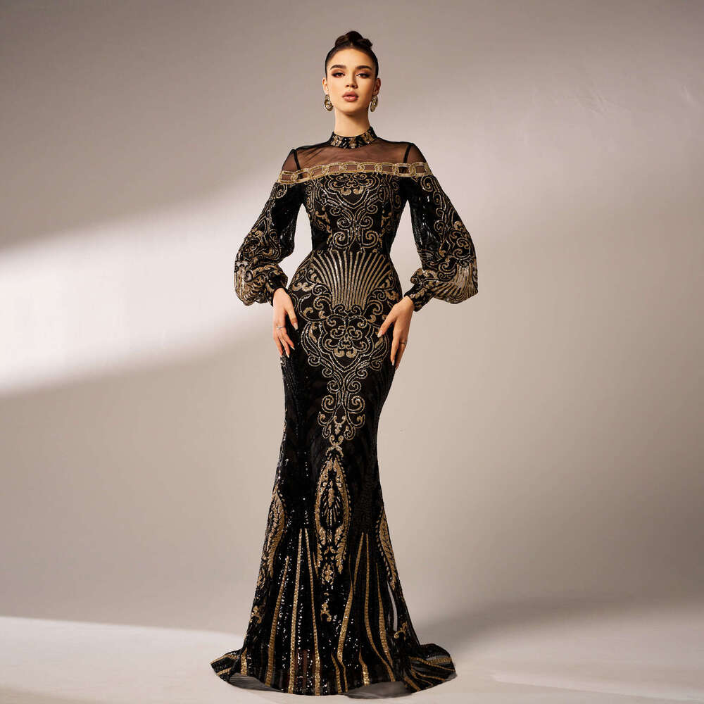 Maxi Dress New Sleeved Round Neck Long Sequined Banquet Mesh Fishtail Evening Bridesmaid Women S Dress KQ