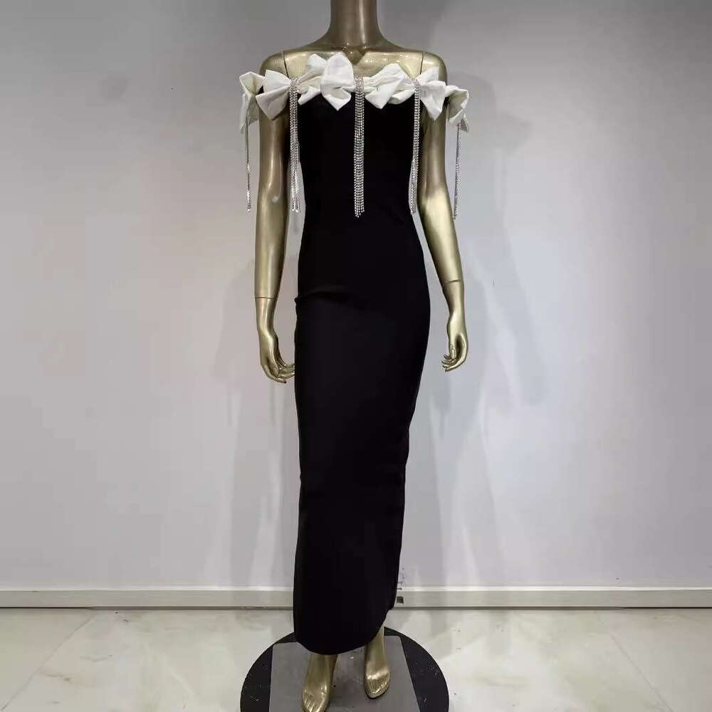 Maxi Dress New Bandage White Big Bow Diamond Chain Dress Formai Dress