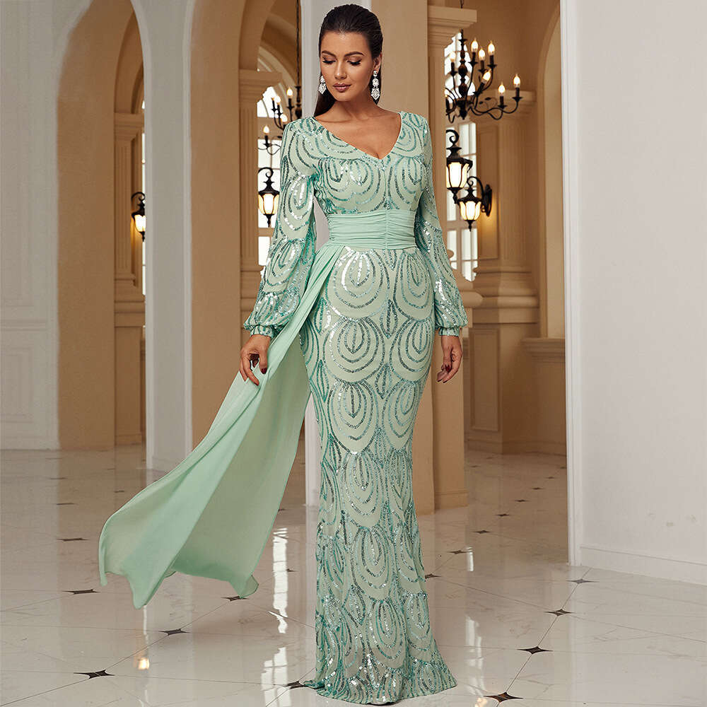 Maxi Dress Temperament Sleeved Sexy Long Sequin V Neck Party Ribbon Evening Bridesmaid Women S Dress KQ