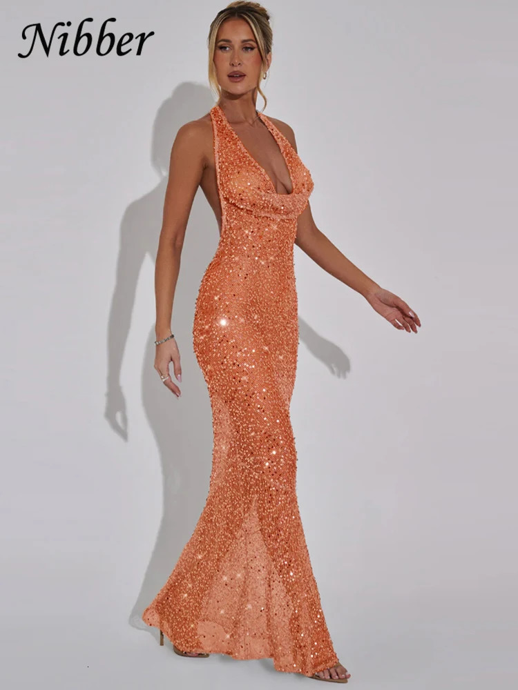 Nibber Sequins Sexy Hollow Dress Women See Through Backless Glitter Swinging Collar Skinny Banquet Birthday Elegant Vestidos 250517