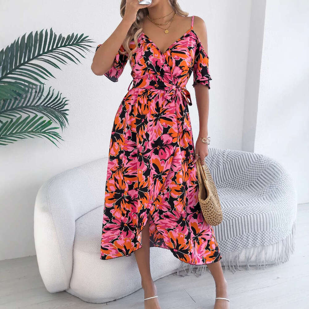 Maxi Dress Spring And Summer Off Shoulder Cross V Neck Floral Suspender Long Vacation Dress Women S Clothing Formai Dress