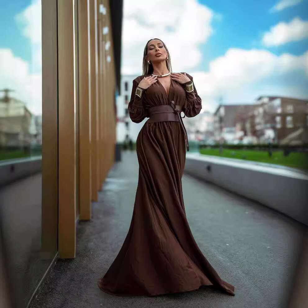Maxi Dress Spring And Summer New Design Waist Sealed Pleated French Dress Coffee Colored V Neck Long Sleeved Women S Clothing KQ