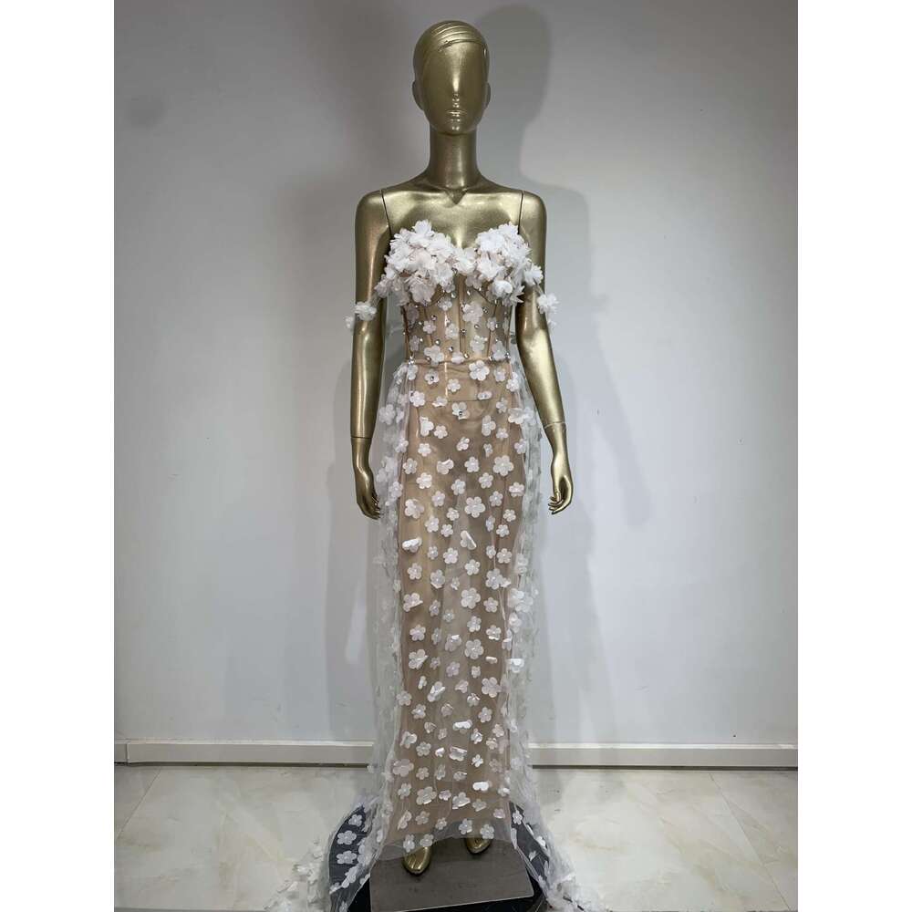 Maxi Dress Flower Mesh Nightclub Party Performance Perspective Dress KQ