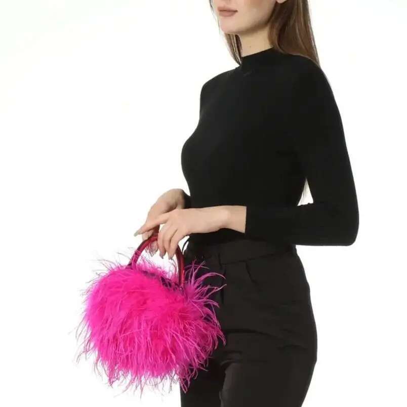 Real Natural Ostrich Feather Bag Hot Pink Mini Handbag Furry Fluffy Women Change Purse For Party Evening Clutch Prom Banque