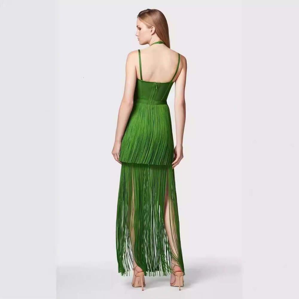 Maxi Dress Fashionable Design Green Tassel Sleeveless Waist Cinched Camisole Dress For Socialite Parties And Stage Performances KQ