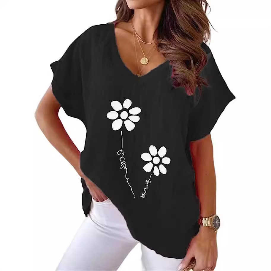 2023 Summer Plus Size Womens Printed V-neck Ice Silk Bamboo Knot Casual Bat Short Sleeved T-shirt