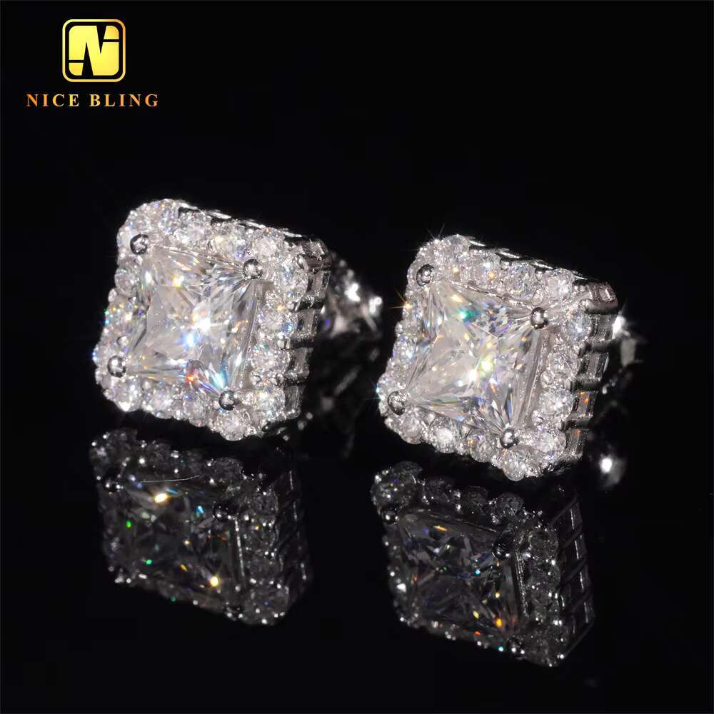 Pass Diamond Tester GRA Certified VVS Diamond 925 Sterling Silver Princess Cut Moissanite Stud Earrings