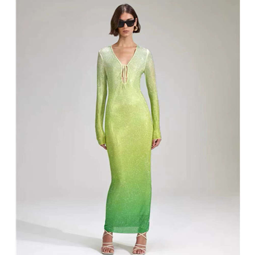 Maxi Dress New Hot Diamond Gradient Green Dress Fashionable Long Sleeved Deep V Party Dress KQ