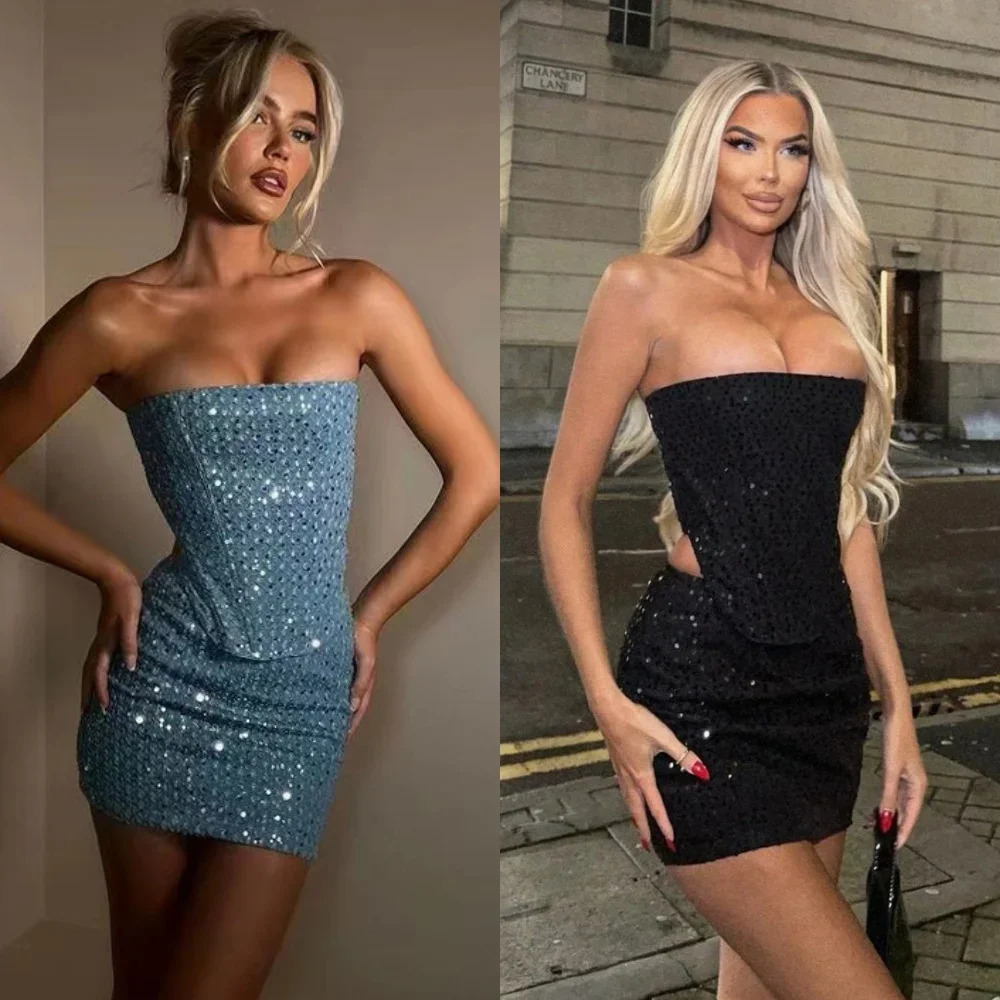 Women Blue Sequined Denim 2 Piece Sets Sexy Strapless Top Stylish Woman Mini Skirt Sets Tweed Set Summer Nightclub Outfits 250516