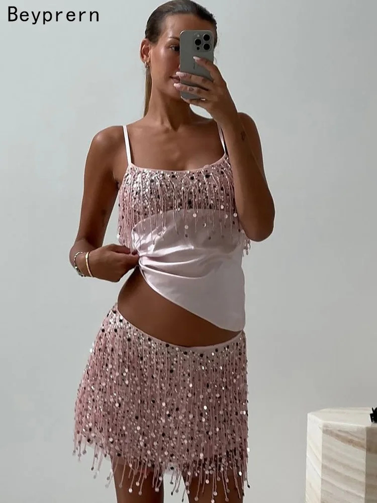 Beyprern Cute Girls Glitter Sequins Fringed Skirt Set 2 Piece Outfits Womens Pink Stain Sequins Two-Piece Dress Night Clubwear 250516
